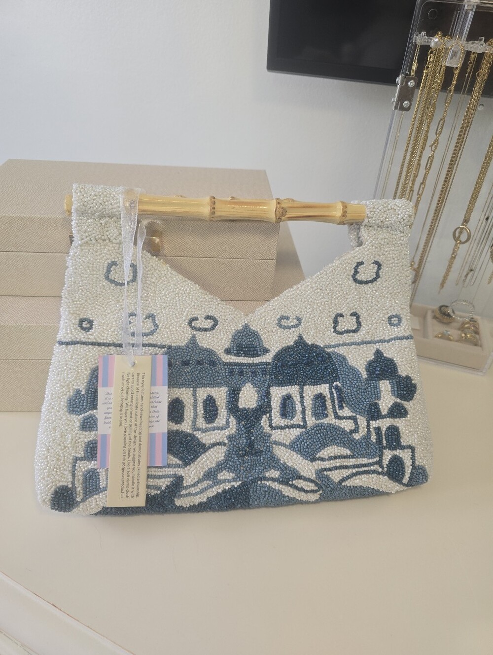 NWT! Beaded Bamboo-Handle Shoulder Bag in Ivory and Navy
